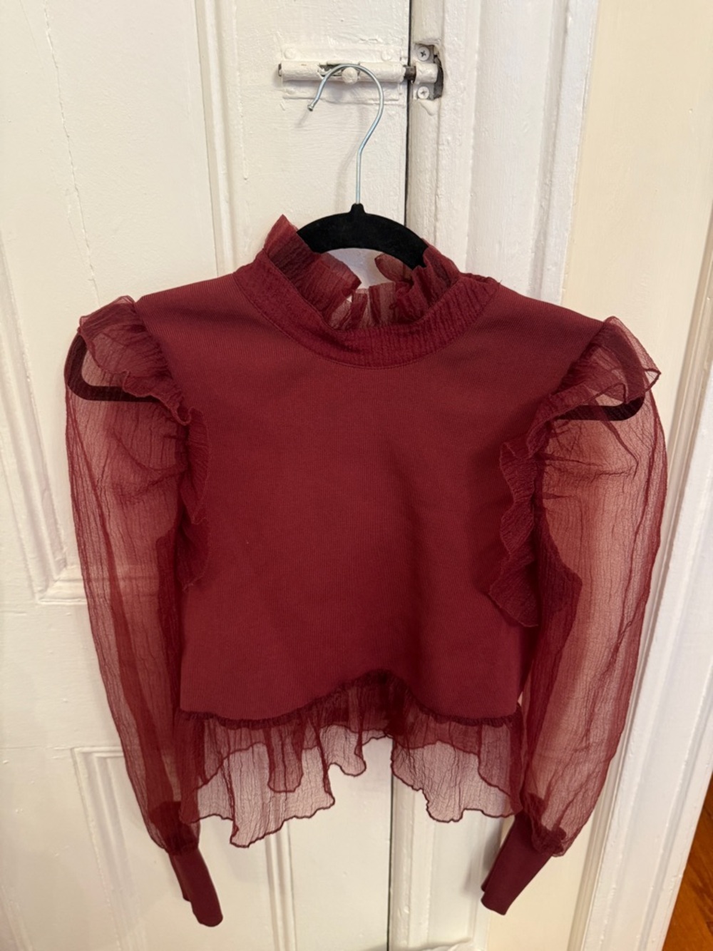 Zara Burgundy Ruffle Mesh Sleeve Blouse